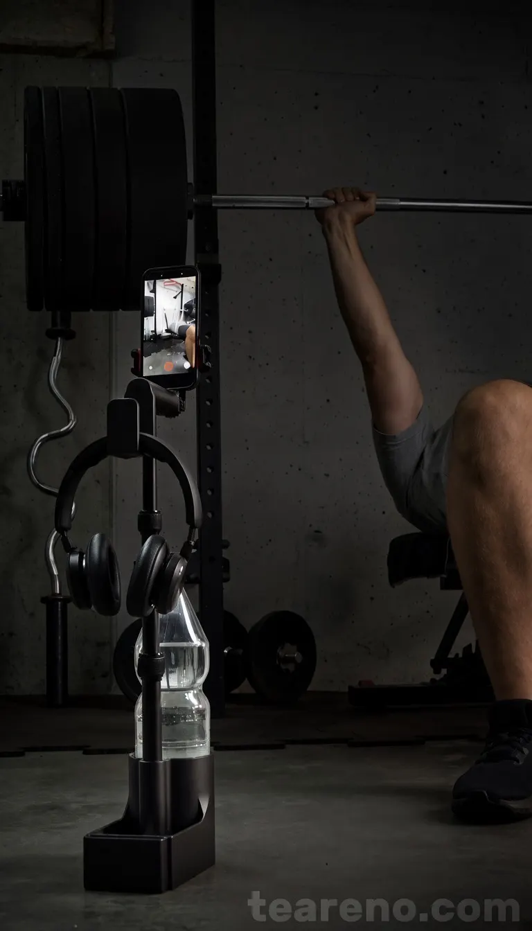 Gym Dock na siłowni — telefon nagrywa, butelka i słuchawki na miejscu